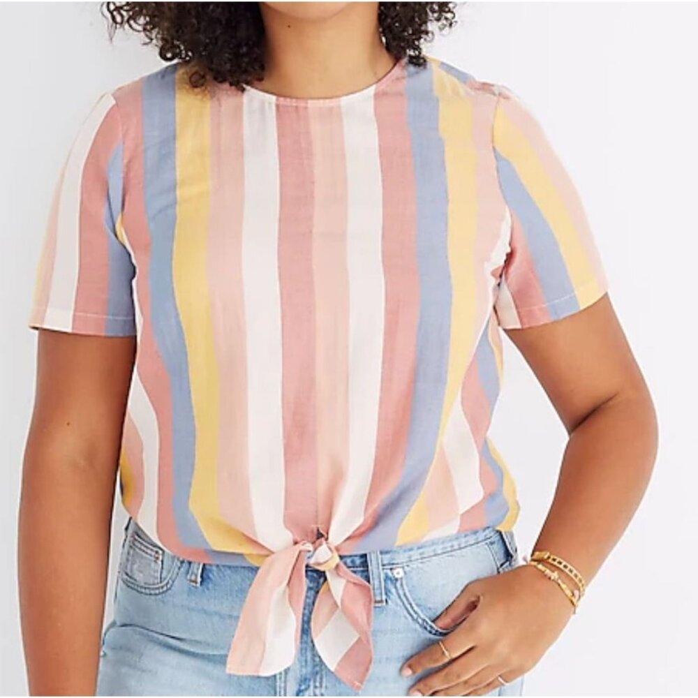 Madewell Button-Back Front Tie Tee Sherbert Stripe 100% Cotton Size Medium